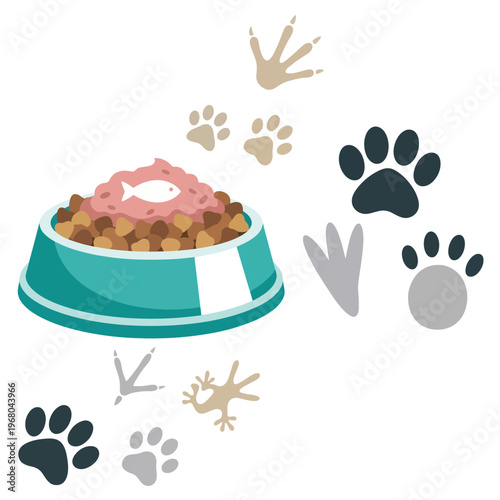 This image showcases a vibrant pet food bowl filled with kibble, surrounded by various paw prints, representing the joy of pet ownership and companionship with animals.