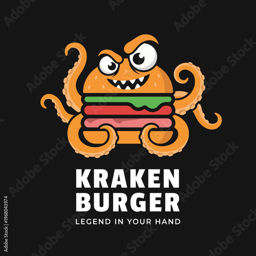 A fun and engaging logo design for Kraken Burger, showcasing an octopus character holding a burger, symbolizing a unique culinary adventure and bold flavor choices.