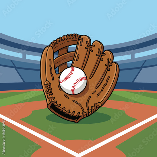 A vibrant illustration of a baseball glove catching a ball in an expansive stadium, capturing the spirit of sportsmanship, leisure, and excitement in America's favorite pastime.