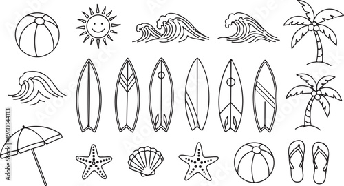 Various black outline summer beach vacation icons are arranged neatly in a grid, depicting popular leisure and travel elements with a clean, minimalist aesthetic