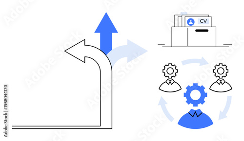 Career growth concept. Career growth ed with upward arrow, recruitment with CV documents, and teamwork by gears. Career planning, professional networking, hiring strategies, HR, workforce development