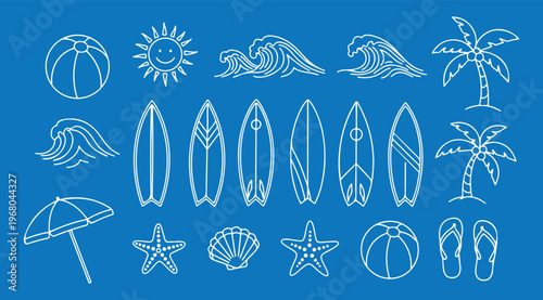 Various black outline summer beach vacation icons are arranged neatly in a grid, depicting popular leisure and travel elements with a clean, minimalist aesthetic