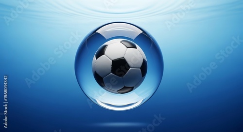 Soccer ball in water droplet, floating football, sports illustration, blue background
