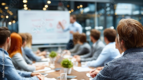 In a stylish conference room, a diverse group of professionals focuses on a dynamic presenter who shares creative insights. Laptops and notes around them reflect a collaborative atmosphere