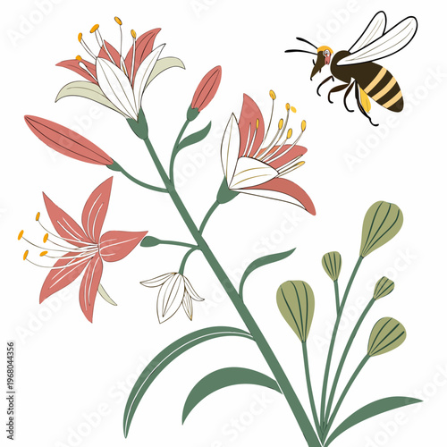 A colorful illustration depicts red and white lilies with a busy honeybee hovering nearby showcasing nature s beauty high quality