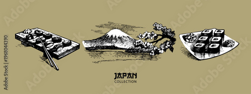 Japanese food and landscape hand drawn set. Asian cuisine collage for menu, poster, branding. Vintage sketch sushi vector illustration.