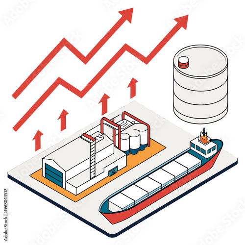 An illustration depicts rising trends alongside oil infrastructure including a tanker refinery and storage symbolizing energy market growth high quality