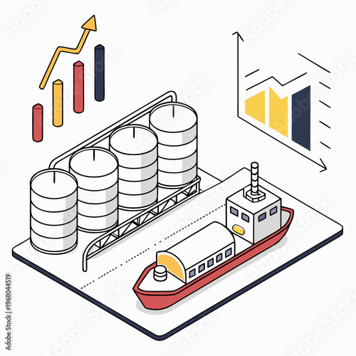 An isometric illustration depicts oil storage transportation and market growth with tanks a ship and charts high quality professional detailed
