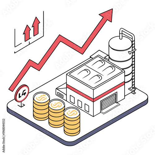 This illustration depicts industrial growth and financial success showing a factory with rising charts and stacks of money high quality