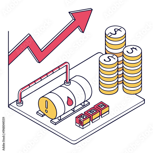 An illustrative depiction of rising oil prices and increased production symbolized by stacked barrels and an upward trend high quality