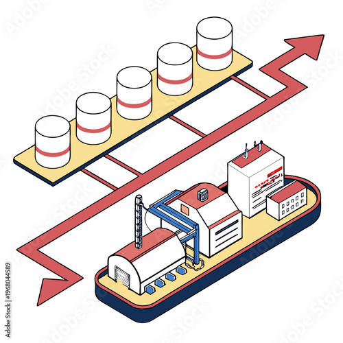 An illustrative depiction of liquefied natural gas transport showing storage tanks a ship and an upward trending arrow high quality