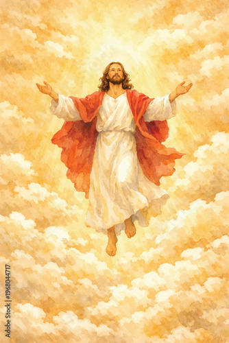 watercolor jesus ascension to golden sky