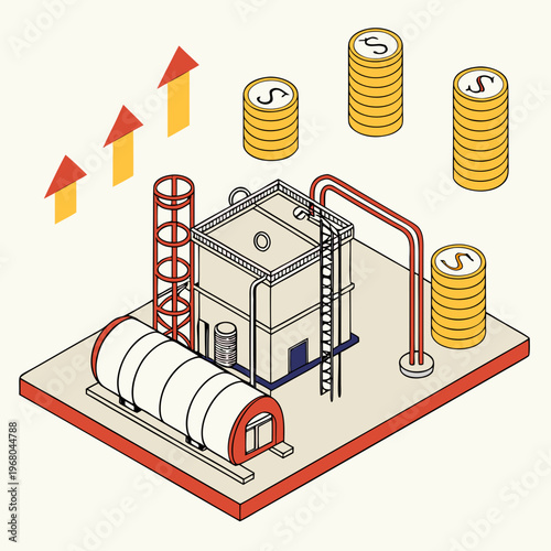 An isometric illustration depicts an oil refinery with rising stacks of gold coins symbolizing financial growth and energy high quality