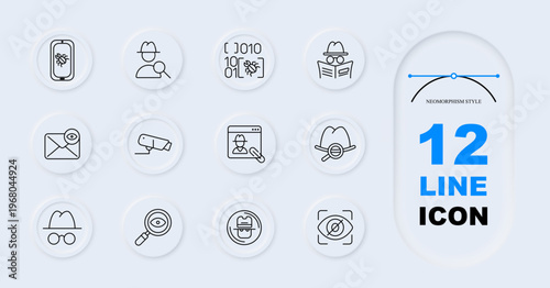 Cyber security set icon. Line style icons display bug inside phone, detective, binary code bug, hacker reading, phishing mail, camera surveillance, user login, mask disguise, hat glasses