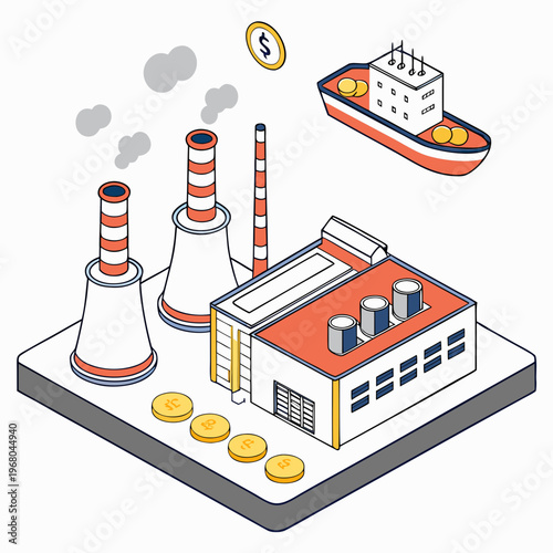 An isometric illustration depicts a factory complex with smokestacks a cargo ship and floating currency symbols high quality professional detailed