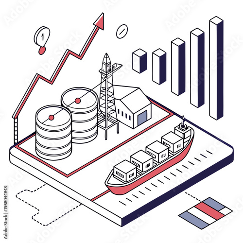 An isometric illustration depicts an oil refinery shipping containers and growth charts symbolizing industrial progress and economic development high quality