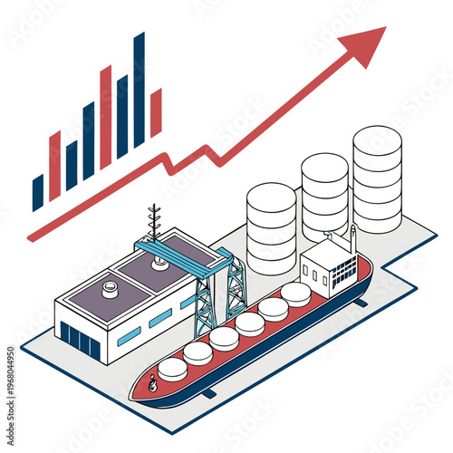 An isometric illustration depicts industrial growth featuring a factory storage tanks and a rising economic graph high quality professional detailed