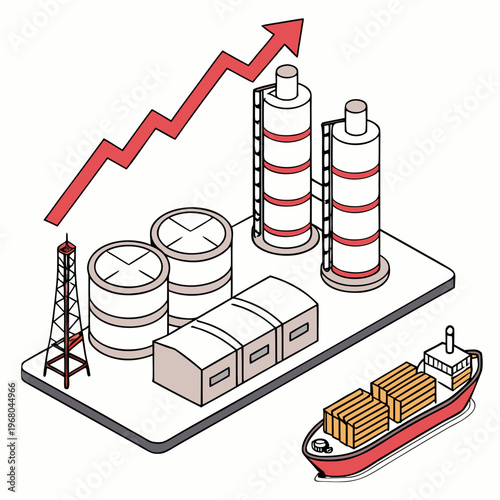 An illustration depicts rising economic growth alongside oil and gas infrastructure including refineries storage and transportation high quality professional detailed