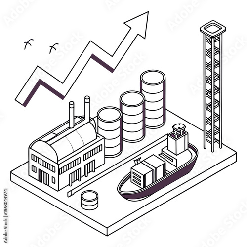An isometric illustration depicts industrial growth with factory buildings oil storage a ship and a rising arrow high quality professional