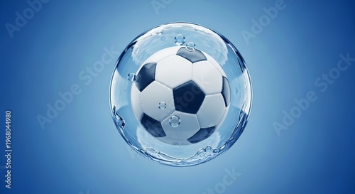Soccer ball, football, in water droplet, white and blue, sports equipment