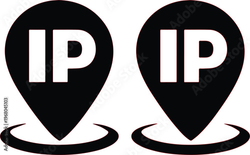 IP address location pin icon, black and white vector graphic. Internet Protocol geolocation marker, network security symbol, digital privacy concept, online data protection illustration.