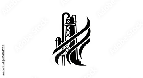 Stylized Black and White Illustration of an Industrial Oil Refinery.