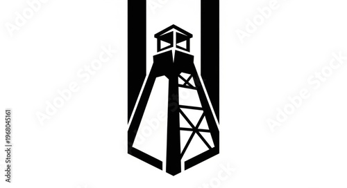 Stylized Black and White Watchtower Icon with Geometric Design.