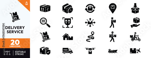 Comprehensive set of 20 delivery and logistics icons featuring shipping boxes, courier tracking, express delivery, drone shipping, cargo transportation, and e-commerce distribution symbols.
