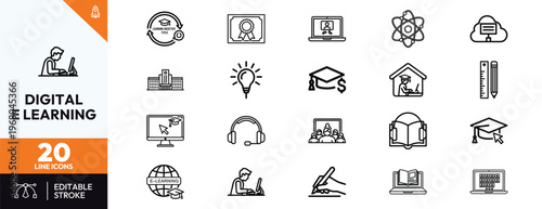 Premium Set of 20 Digital E-Learning Line Icons for Online Education Distance Learning Virtual Classrooms Global Academic Success and Professional Training Concept Design