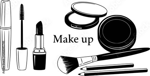 Black and white of makeup products including mascara lipstick powder brush and pencils