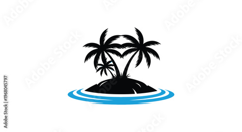 A tropical island with three palm trees and surrounding water is depicted in a striking black silhouette high quality professional detailed