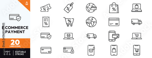 Set of minimalist line icons for e-commerce and secure online payments featuring credit cards, digital wallets, global shipping, discount tags, shopping bags, and mobile retail transactions.