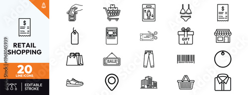 Set of retail and shopping line icons featuring credit card payment, cart, receipt, price tag, gift box, storefront, sale sign, clothing items, mall architecture, and e-commerce symbols.
