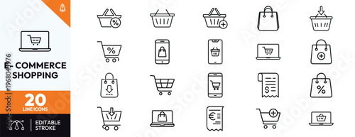 E-commerce and Online Shopping Line Icon Set Featuring Shopping Carts Baskets Bags Mobile Commerce Laptop Digital Storefront and Payment Receipt Symbols for Web Design