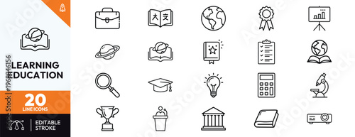 Comprehensive set of twenty minimal education and learning icons featuring school supplies graduation cap microscope lightbulb globe and university building for academic designs and web