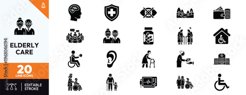 Elderly care and nursing home icon set for senior health assistance, disability accessibility, geriatric medical support, pension planning, and assisted living services for aging population.