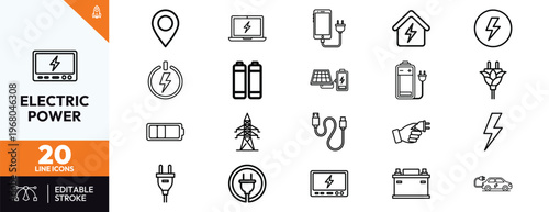Electric Power Line Icons Set - Energy Generation, Battery Charging, Solar Panel, Power Grid, and Renewable Energy Symbols for Sustainable Technology and Infrastructure Projects.
