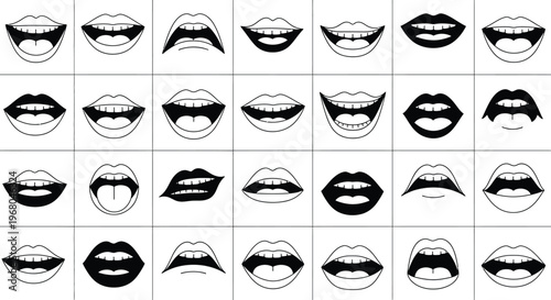 A grid displaying various mouth shapes and expressions in a flat black and white design silhouette high quality professional detailed modern elegant stylish