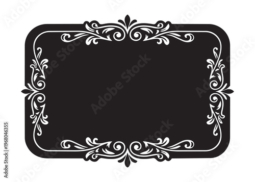 Rectangular plaque vector illustration with floral corner decorations and black background for art