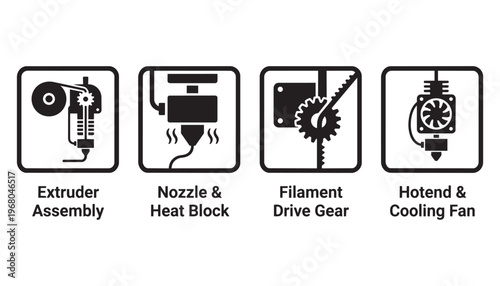3d printer parts vector illustration set with extruder assembly nozzle heat block filament drive gear hotend