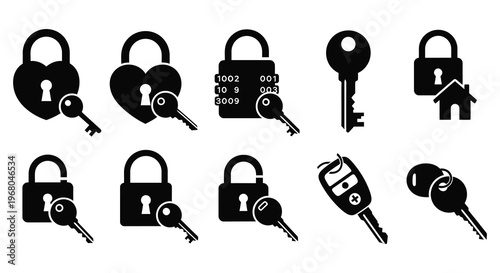 A collection of black lock and key icons including a house shape depicted in a striking silhouette high quality professional detailed