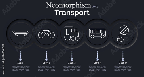 Transport set icon. Neomorphic dark interface circles with line symbols of skateboard board wheels, bicycle cycle frame, toy train locomotive, city bus vehicle, hot air balloon basket