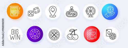 Casino gambling set icon. Slot dice card dealer wheel coin win chip roulette cherry jackpot ace spade line icons minimal outline style game entertainment collection.