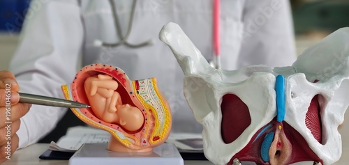 Fotografía Gynecologist shows the embryo and pelvic bones