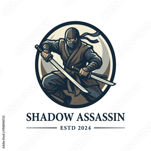 This dynamic logo design depicts a fierce ninja warrior wielding a katana sword, representing stealth, agility, and precision in a martial arts illustration style.