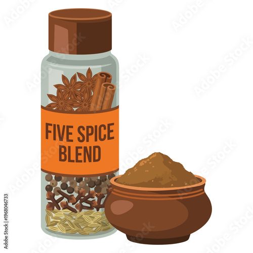 This image showcases a five-spice blend in a clear glass jar beside a decorative bowl filled with the spices, representing the rich flavors of Asian culinary traditions.