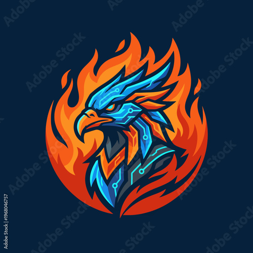 This striking eagle illustration integrates technology-themed elements like circuits and flames, representing strength, resilience, and the fusion of nature with modern artistic expression.