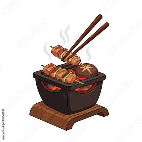 This detailed illustration depicts a traditional Japanese grilling setup, featuring skewered meats and vegetables sizzling over an open charcoal flame, embodying culinary culture.