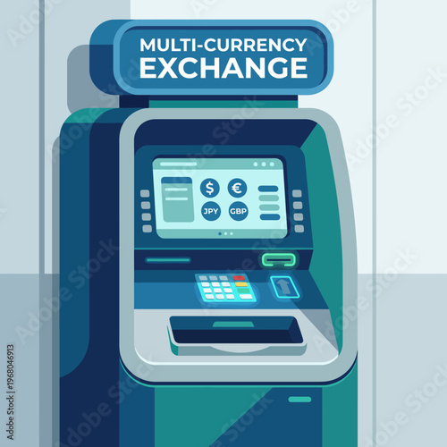 This digital illustration of a modern multi-currency exchange ATM features a sleek design and clear interface, reflecting convenience and technology in currency exchange.