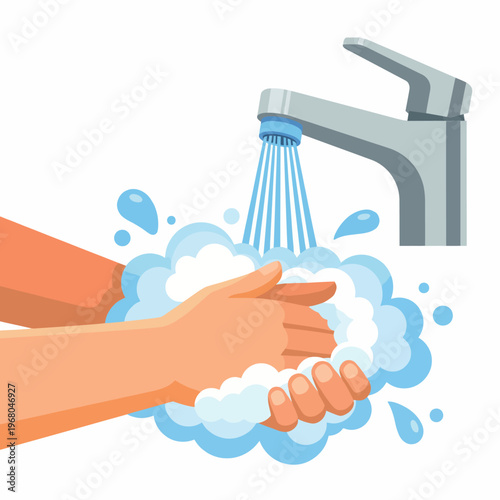 This informative illustration captures the essential action of washing hands with soap and clean water, highlighting hygiene importance in health and well-being practices.
